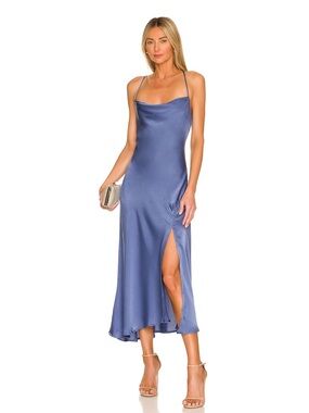 ASTR Lavender-Blue Satin Slip Midi Dress with Side Slit